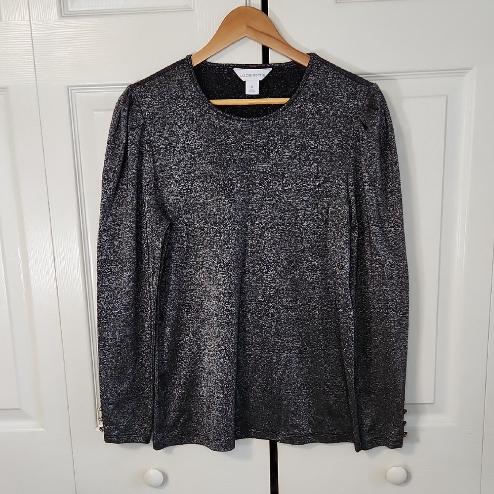 Liz Claiborne Charcoal Gray Silver Metallic‎ Long Sleeve Blouse Size Med Glam